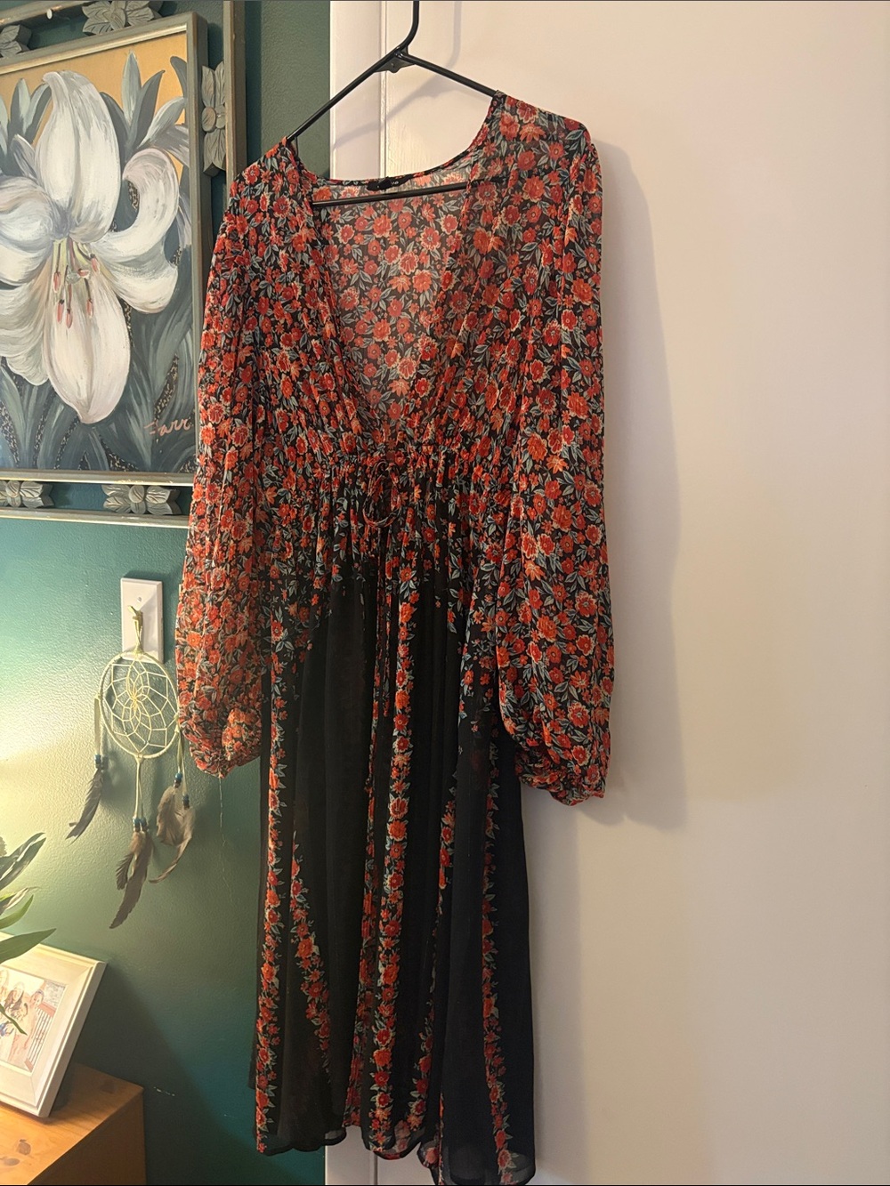 Floral Sheer Black Duster with Red Rose Print - Picture 2 of 6